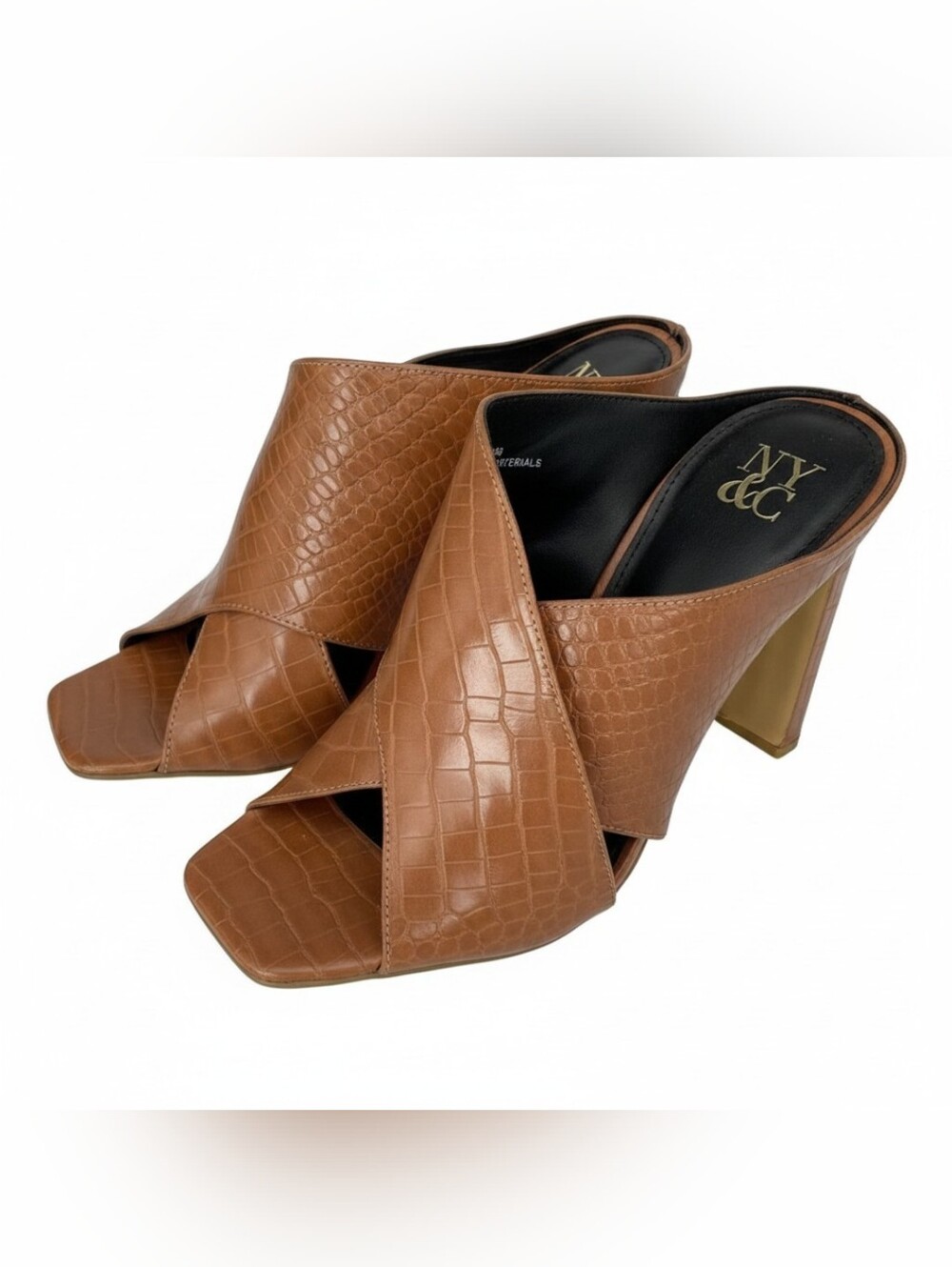 New York & Company Tan Croc-Embossed Leather Mule Heels